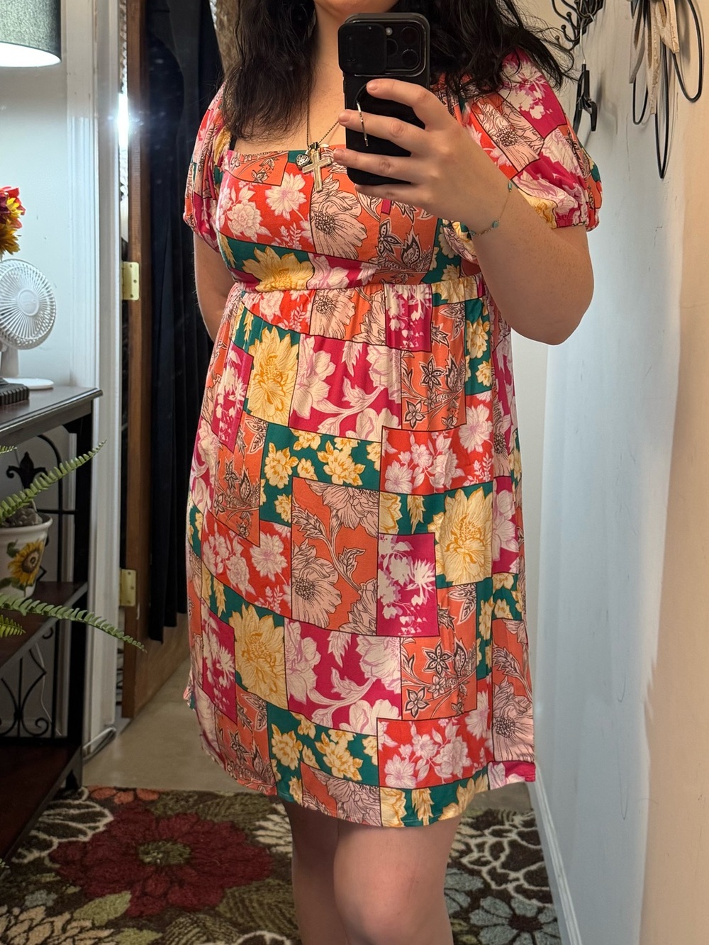 GeeGee Women’s Short Sleeve Floral Square Neck Smock Mini Dress New Boutique